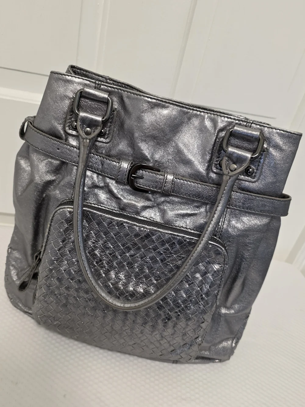 Elliott Lucca Silver Metallic Woven Front Leather Shoulder Bag, Stylish, Unique